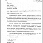 Letter of Appreciation for conducting Free Multispecialty Camp at B.E.T Convent, Rajeshwari Nagar, Bangalore, Karnataka, India.